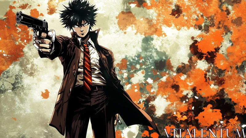 Anime gunman in trench coat against explosive abstract backdrop.