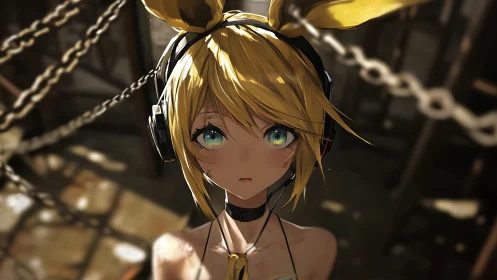 Headphoned blonde anime character with chains in background.