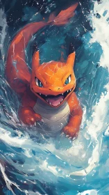 Dynamic orange dragon creature surging through turbulent surf