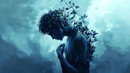 Melancholic figure dissolves into leaves and cool sky