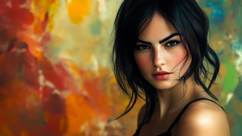 Digital portrait of woman against abstract chromatic bokeh field