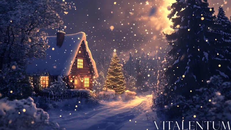 Snowy cabin glow and twinkling tree in a winter wonderland.