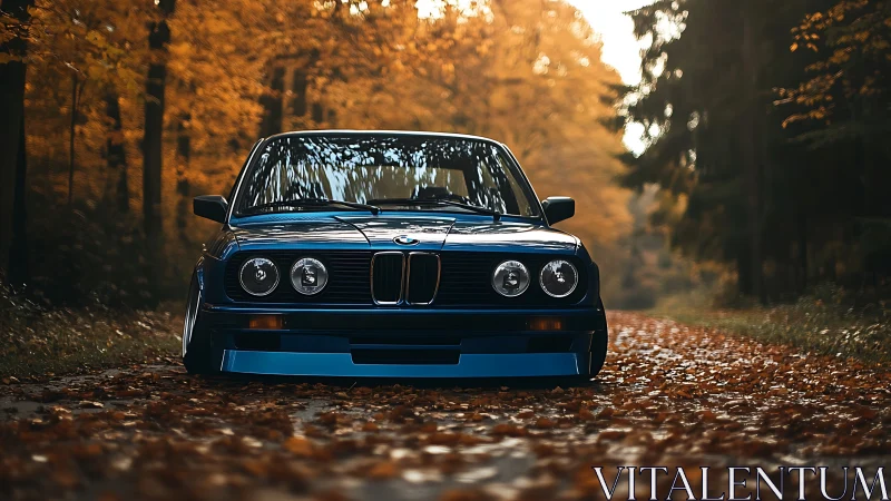 Low-slung classic BMW sedan aligned on leaf-covered forest lane