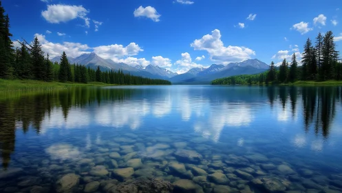 Photorealistic alpine lake with symmetric mirrored reflection.