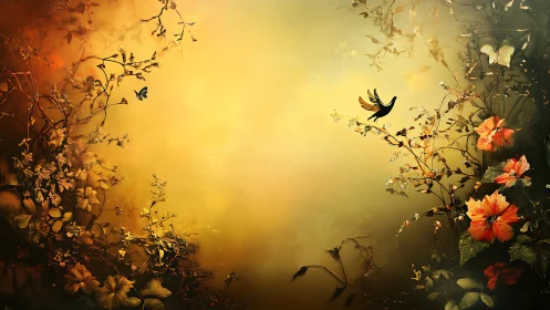 Golden twilight garden with birds, butterflies and blooms.