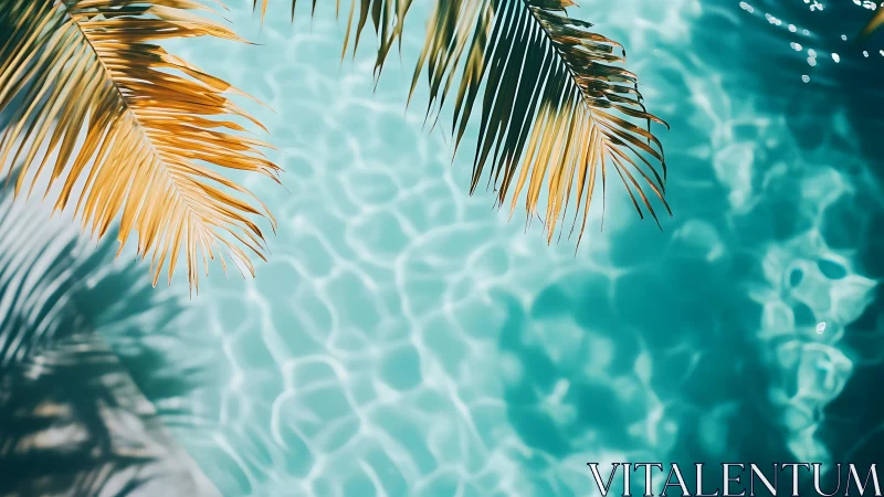 Sun-drunk palm fronds drifting above lagoon-blue pool.