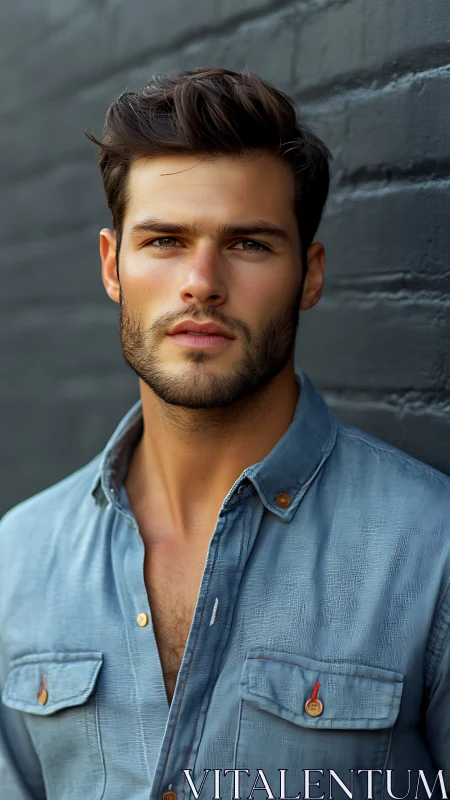 Portrait of a young man in denim shirt by brick wall.