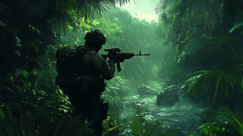 Lone soldier advances through rain-soaked jungle ravine