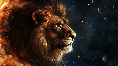 Majestic cosmic lion gazing calmly into the starlit night.