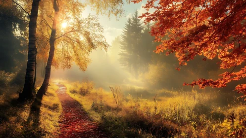 Backlit autumn forest path with mist, warm rim lighting glow