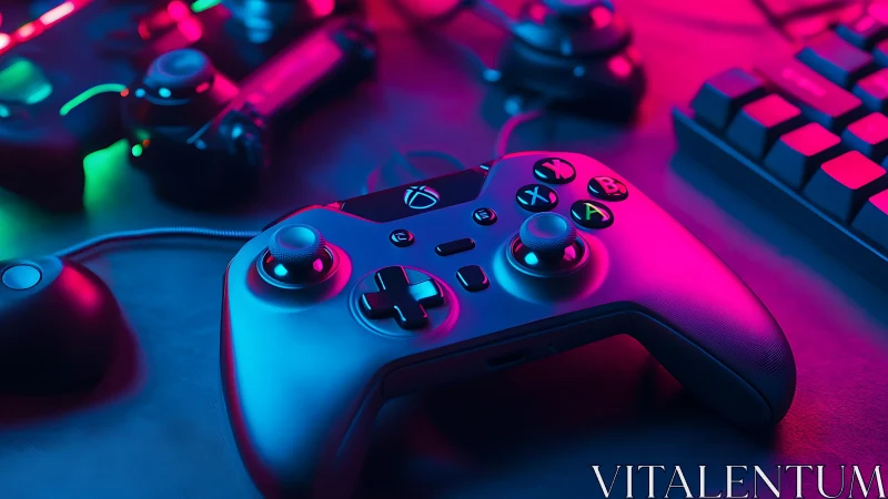 Gaming controller glows under neon RGB lights on desktop.