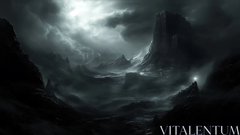 Digital painting of monolithic stormlit wasteland panorama.