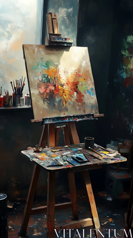Oil studio easel with abstract floral landscape painting.