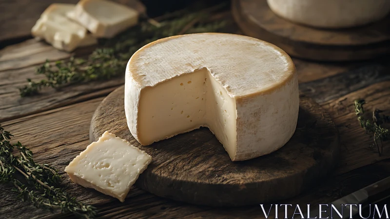 Rustic cheese wheel basking on weathered wooden board.