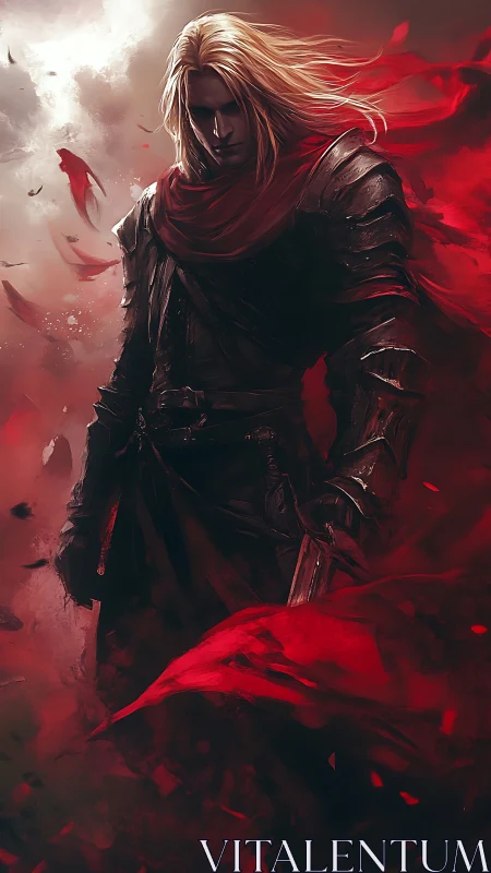 Storm-lit dark knight stands wrapped in flowing crimson winds