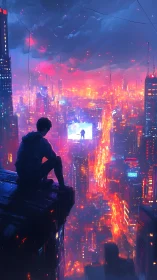 Lone figure watches neon cyberpunk city ignite at dusk.