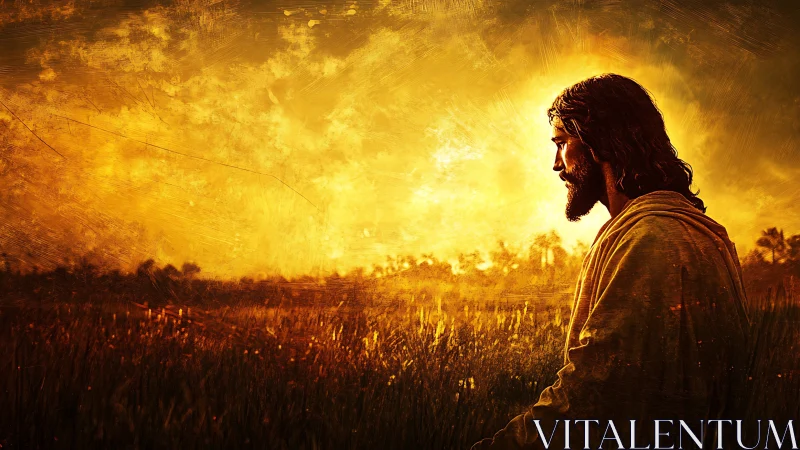 Solitary robed man in golden sunset field profile view.