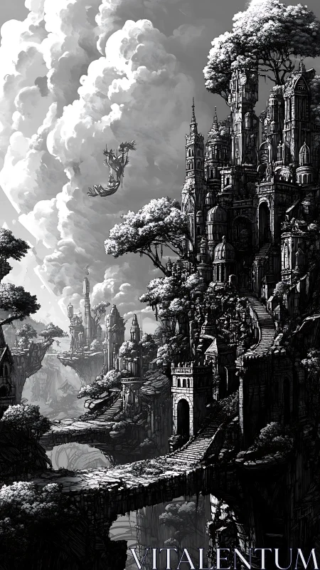 Soaring dragon glides above a towering cliffside city