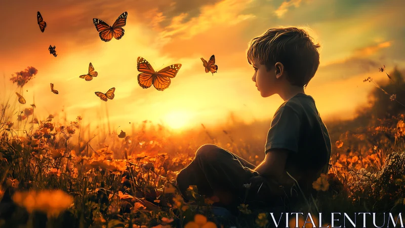 Boy seated in meadow observing butterflies at sunset.