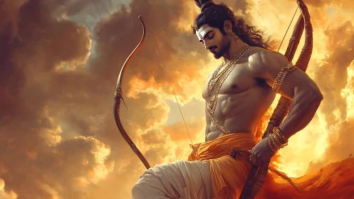 Mythic archer figure in golden sky with detailed bow.