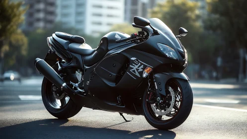 Black sport motorcycle parked on urban street at dusk.
