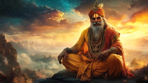 Elderly sage in orange robes seated against glowing sky.