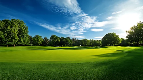 Sunny golf course fairway under clear blue daytime sky.