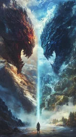 Elemental titans of fire and ice confront above lone wanderer