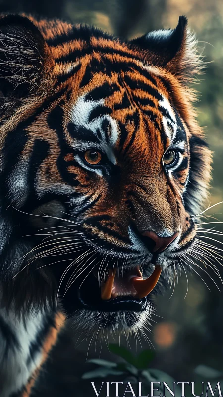 Ultra-detailed tiger portrait with bared fangs in forest light