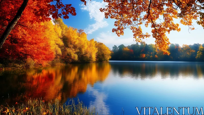Golden autumn shoreline glows softly beside a calm blue lake