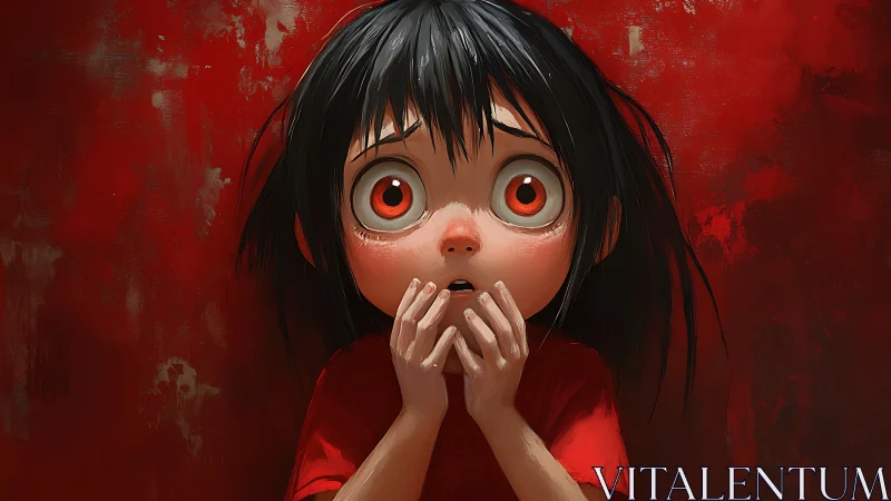 Child figure with enlarged eyes against textured red wall.