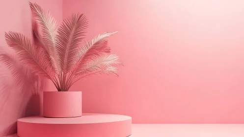 Monochrome pink palm in cylindrical planter on pedestal stage