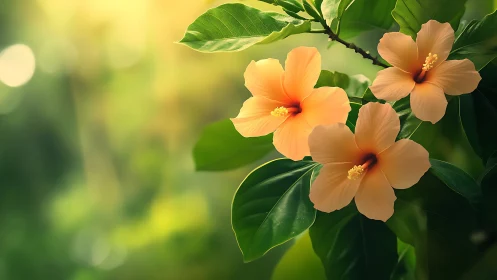 Peach Hibiscus Blooms in Soft Garden Light.