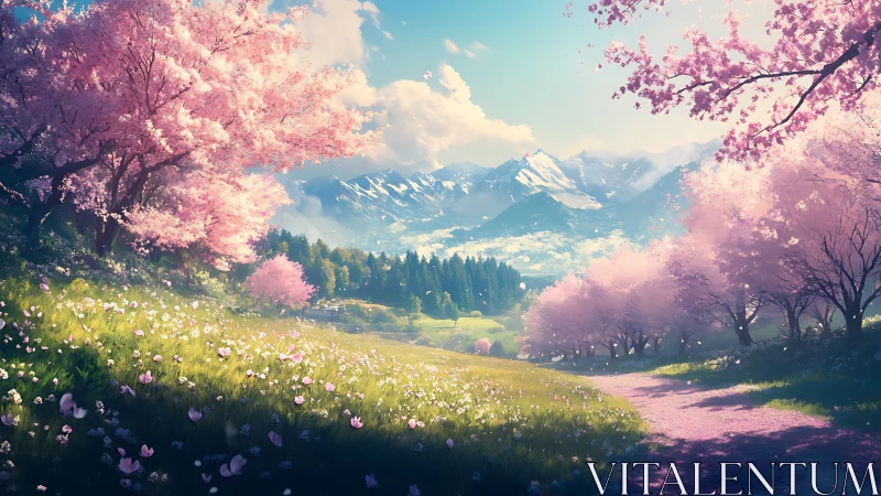 High-altitude spring valley with cherry blossom trees and alps