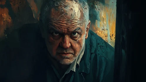 Weathered stare in ember-dark corridor of quiet menace.