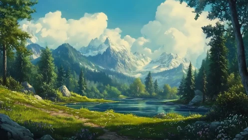 Mountain lake valley under bright summer sky at noon.