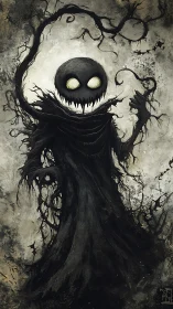 Haunting shadow spirit smiles with eerie, glowing eyes