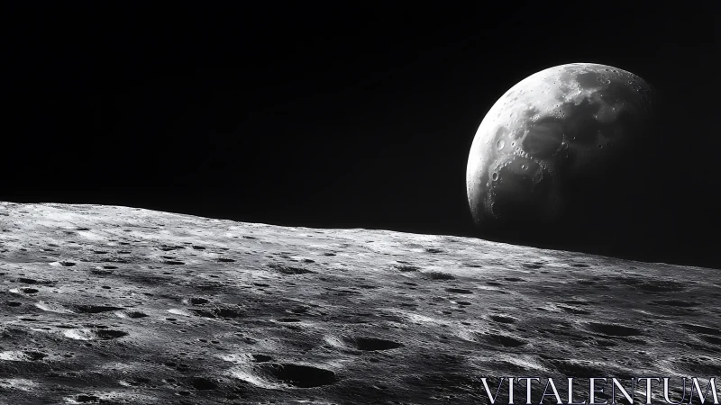 Lunar foreground with cratered horizon and distant crescent