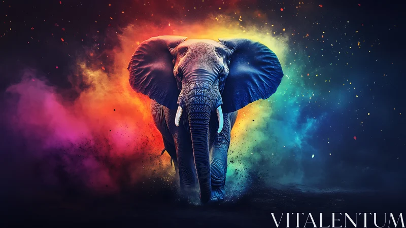 Elephant rendered in vivid multicolor digital burst scene.