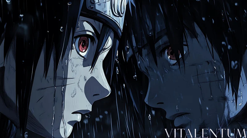 Intense anime profile duel in torrential rain with wet lighting