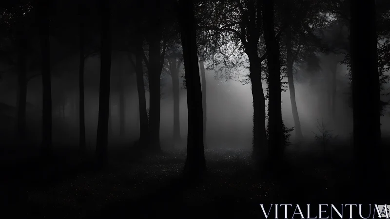 Midnight silhouettes in a dense, fog-shrouded forest scene.