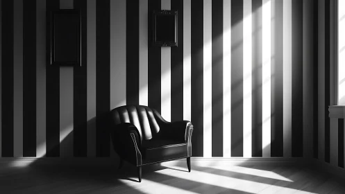 Monochrome striped interior with black leather club chair in light