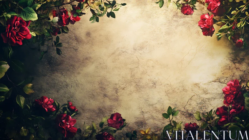 Red roses frame weathered beige stone wall surface