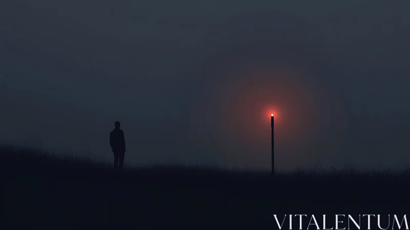 Lone figure studies single red beacon in foggy night field.