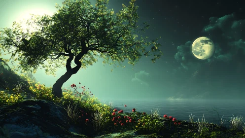 Moonlit lakeside tree over glowing nocturnal shoreline.