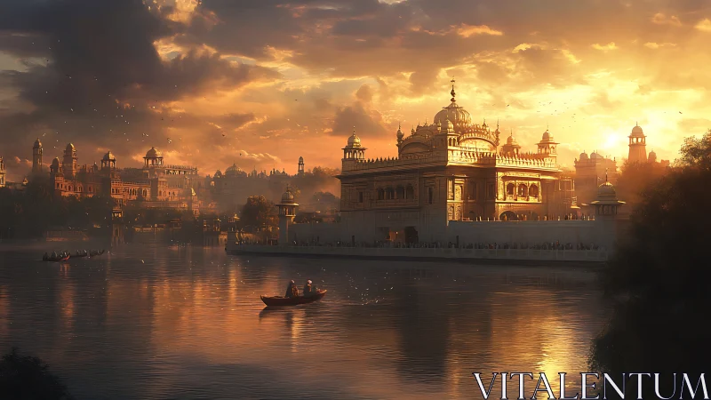 Golden riverside palace glows in dramatic sunset light.