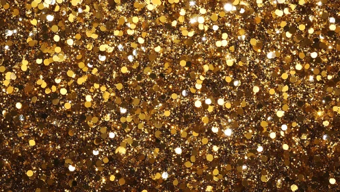 Dense gold glitter surface with reflective circular particles.