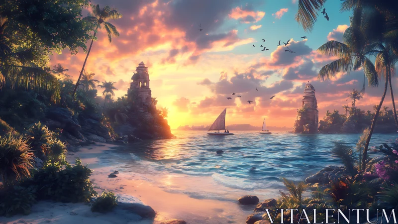 Tropical Island Sunset with Ancient Towers.