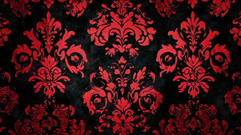 Red baroque damask pattern covers distressed black background
