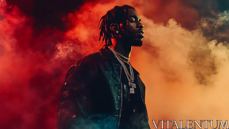 Moody hip-hop portrait amid neon smoke and warm haze.